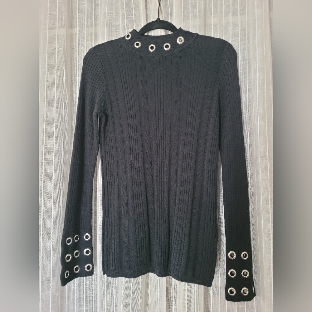 INC International Concepts Black Ribbed Knit Silver Grommet Sweater Size M